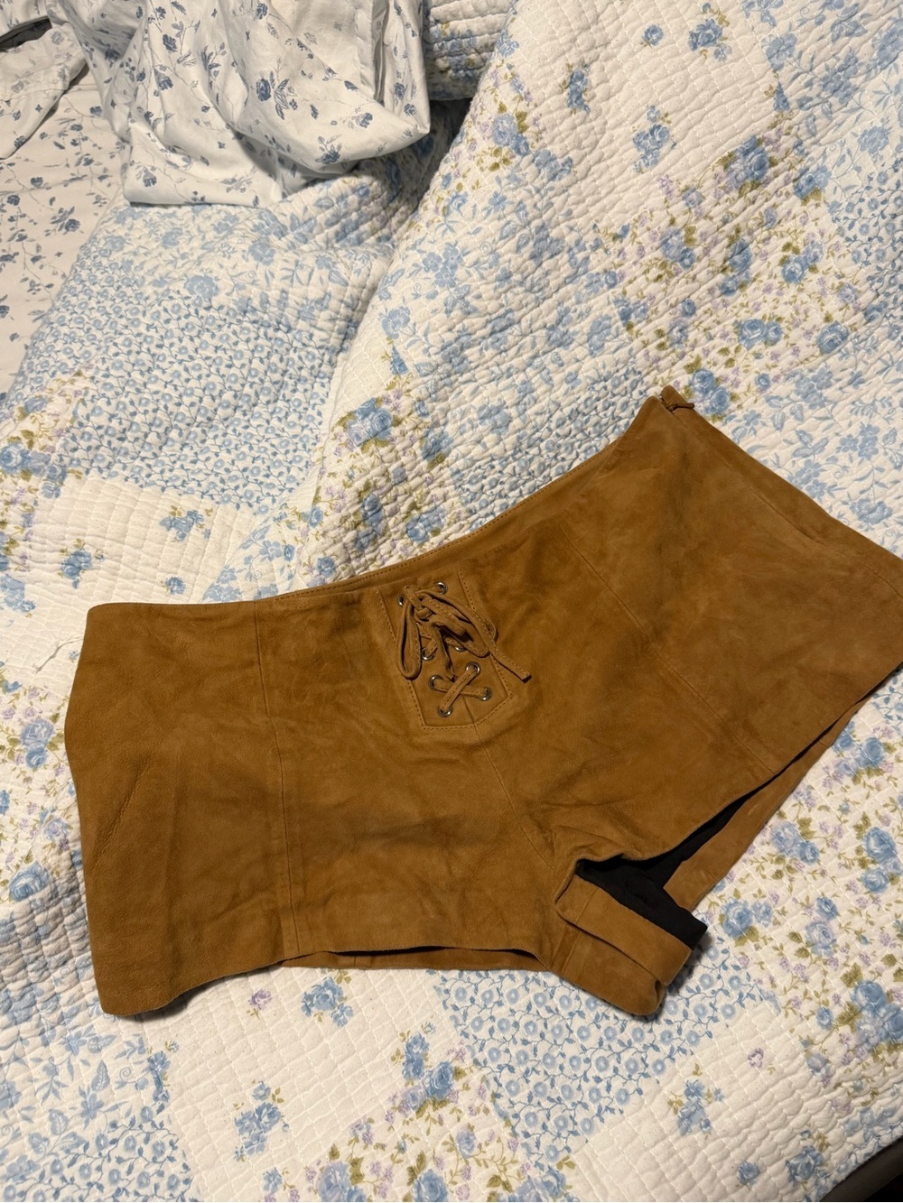 Reformation Chestnut Brown Suede High-Waist Lace-Up Shorts